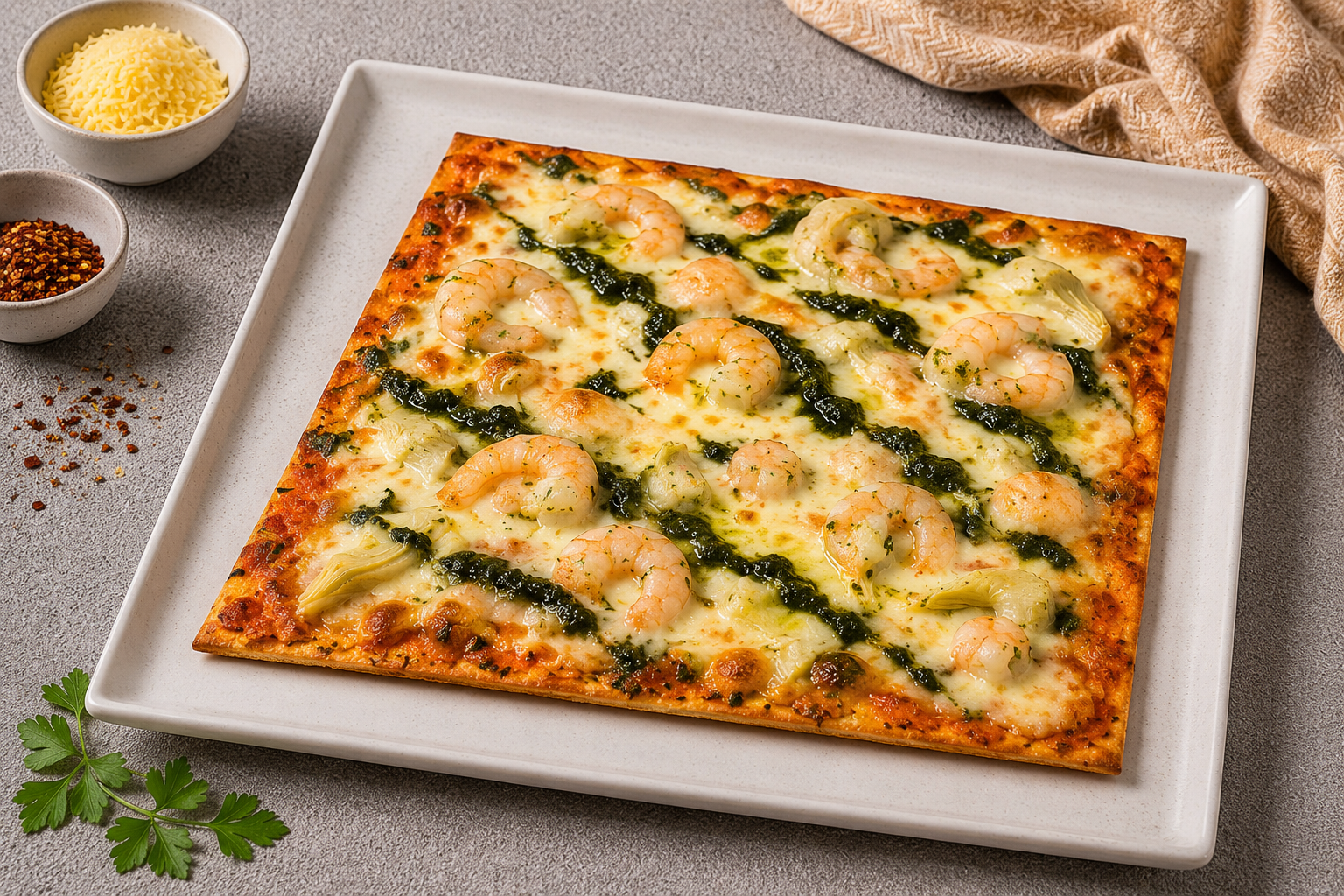 Pizza camarón alcachofa al ajillo