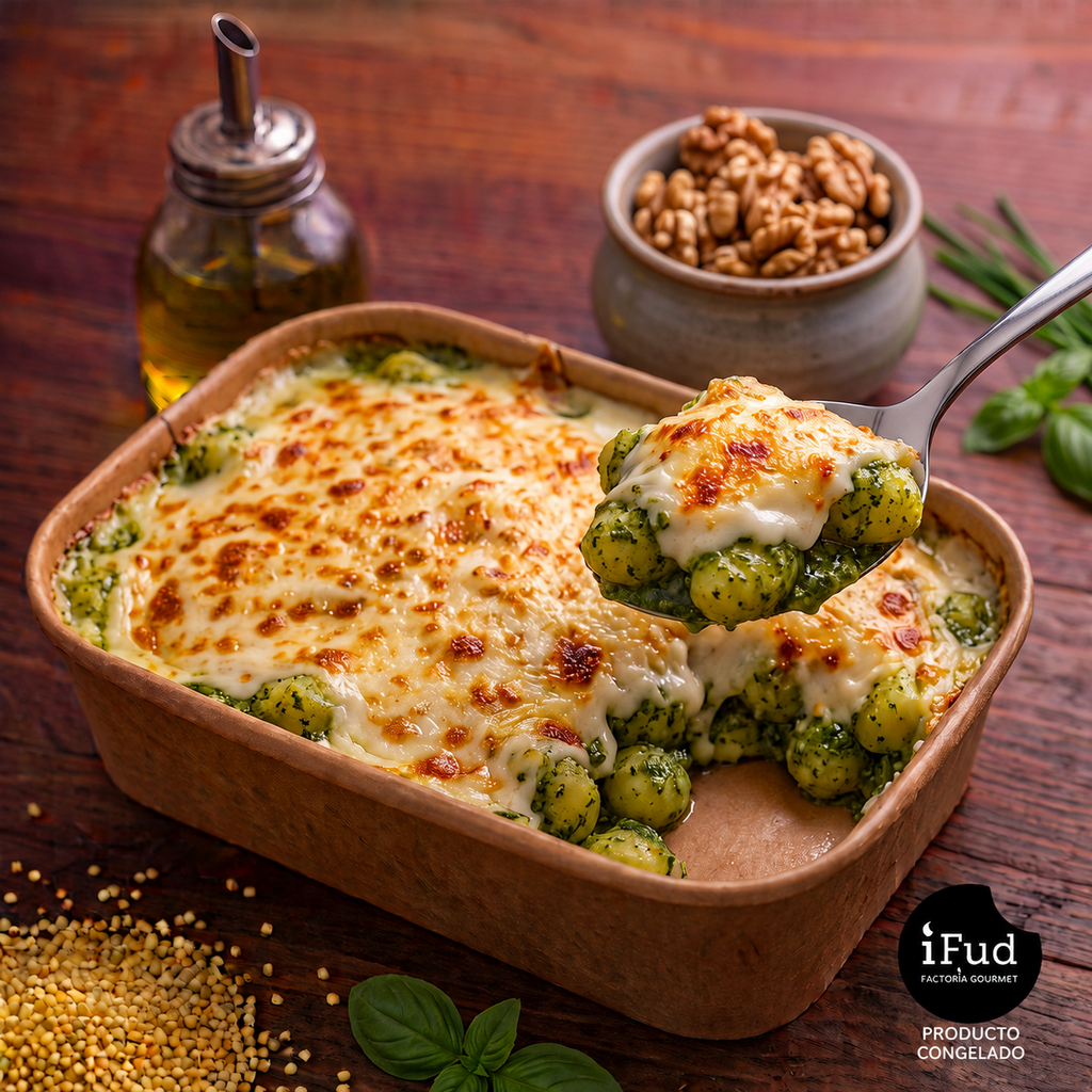 Gratin de ñoquis con pesto de albahaca