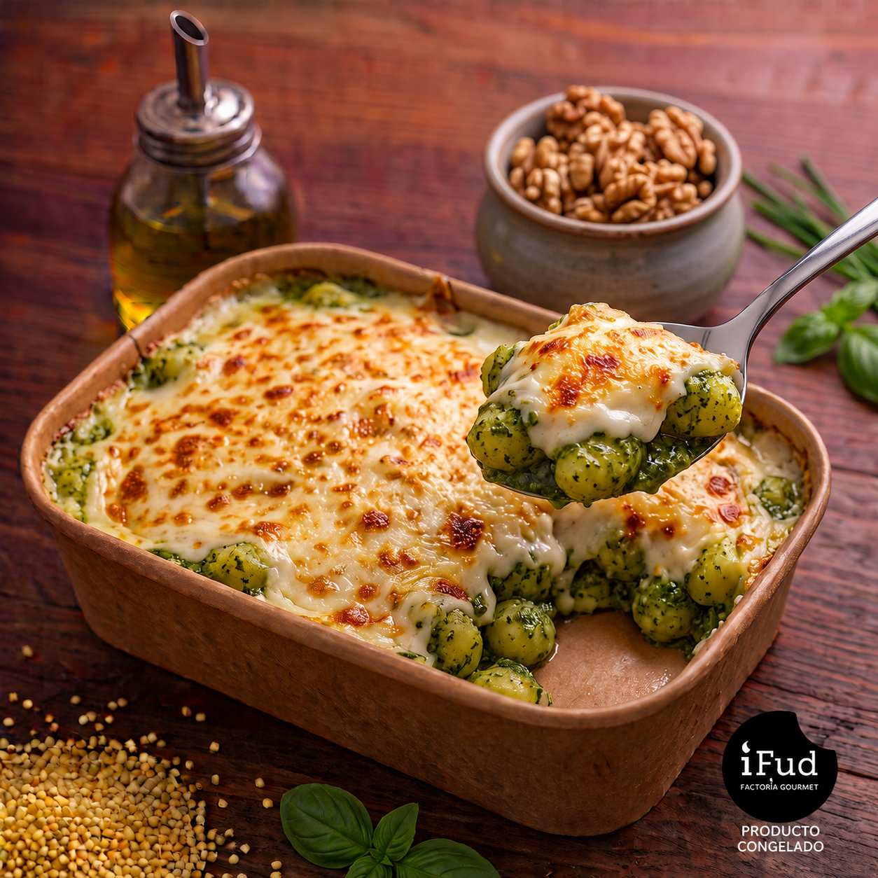 Gratin de ñoquis con pesto de albahaca