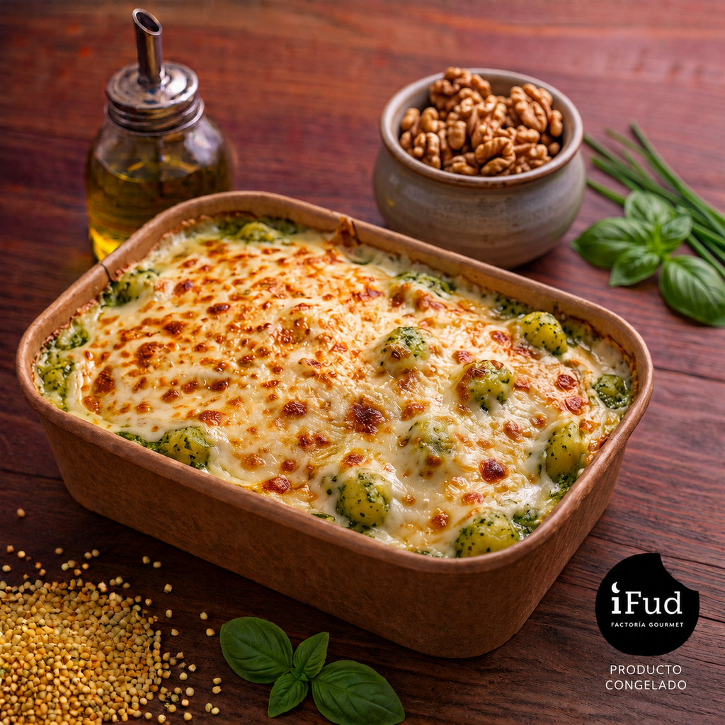 Gratin de ñoquis con pesto de albahaca