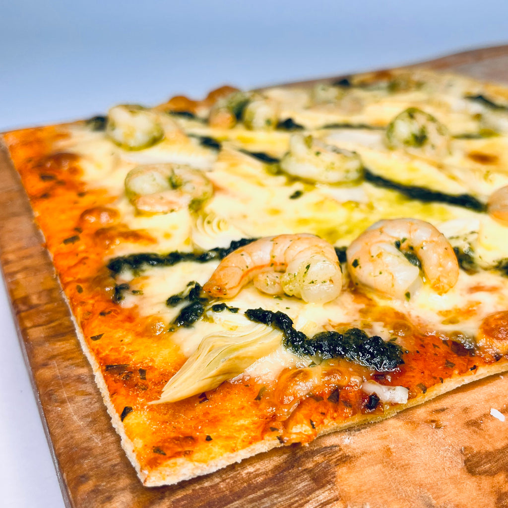 Pizza camarón alcachofa al ajillo