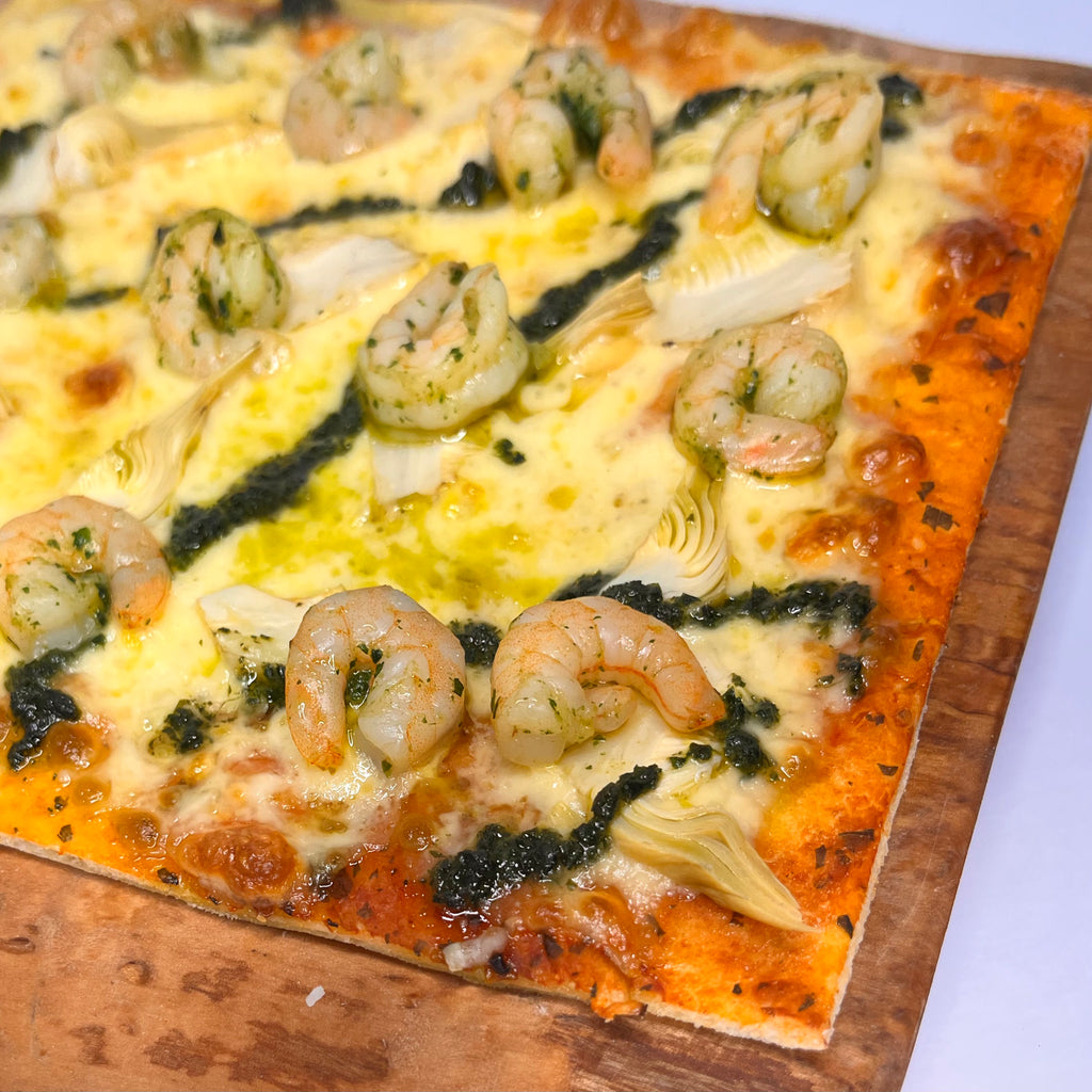 Pizza camarón alcachofa al ajillo